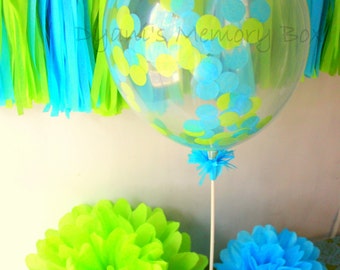 Lime and Turquoise Party Kit /  Tissue Tassel Garland, Tissue Pom poms, Confetti Filled Balloons with holders
