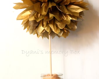 Metallic Gold Tissue Paper Pom Pom with Wood Dowel