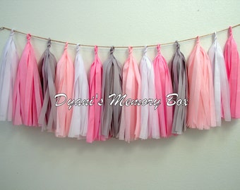 Pink, Gray, White Handmade Tissue Tassel Garland / Girl Party Decor / Birthday Bunting / Baby Shower