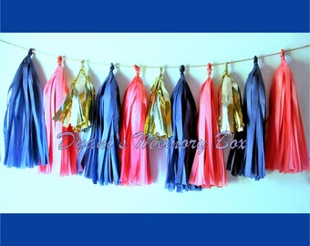 Navy Coral Gold Tissue Tassel Garland / Nautical Birthday Party Decor / Gender Reveal Banner / Nautical Decor