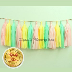 Mint, Blush, Yellow Handmade Tissue Tassel Garland / Baby Shower Tassel Garland / Pastels Party Decor image 1
