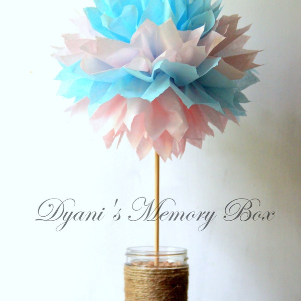 Set of 6 Blue and Pink Tissue Pom Poms with Wooden Dowel / Gender Reveal Tissue Pom pom / Baby Shower Cernterpiece