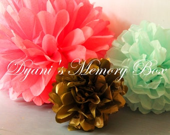 Handmade Tissue Paper Pom Poms: Coral, Mint, Gold Party Decor