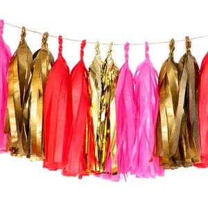 Red Pink Gold Handmade Tissue Tassel Garland / Love Decor / Party Bunting / Tassel Backdrop image 1
