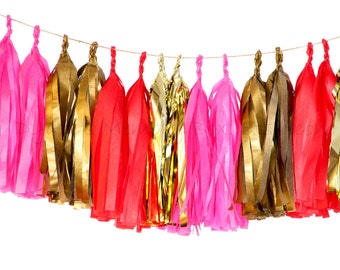 Red Pink Gold Handmade Tissue Tassel Garland   /  Love Decor / Party Bunting / Tassel Backdrop