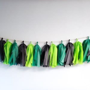 May include: A garland of green and black tissue paper tassels strung on a twine string.