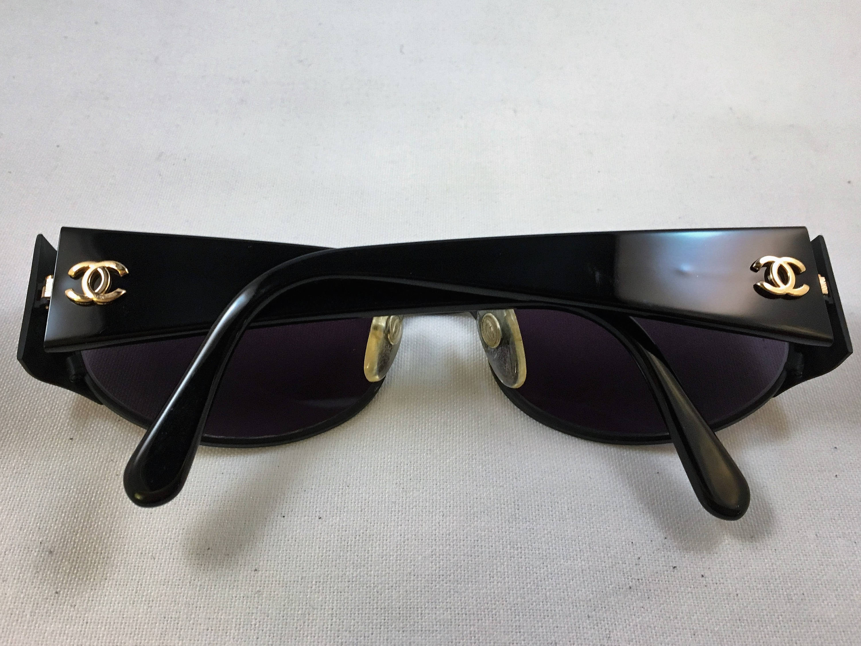 Chanel Vintage Black Oversized Gold Logo Sunglasses