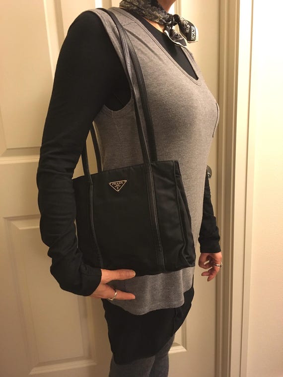 Prada, vintage Vela nylon black tote with leather str… - Gem Prada, vintage Vela nylon black tote with leather str… - Gem