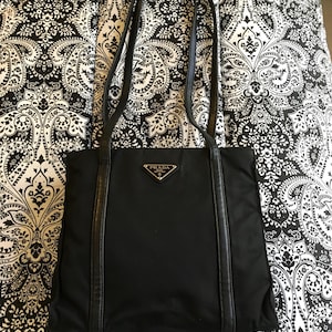 Prada, vintage Vela nylon black tote with leather straps & trim, circa 1998