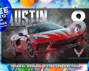 Corvette Birthday Banner | Corvette | 5 'x 3' Birthday Banner | FREE Mini Banner | FREE Shipping