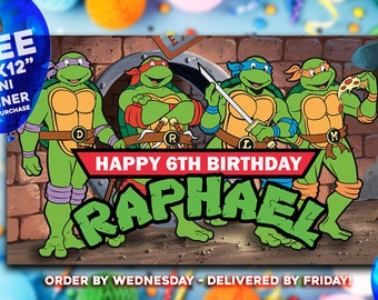 Ninja Turtles Birthday Banner | Teenage Mutant Ninja Turtles Show | 5 'x 3' Birthday Banner | FREE Mini Banner Included! | FREE Shipping