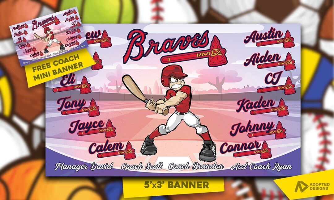 Baseball Team Banner 5 'x 3' Banner 1 FREE Mini Banner Little League