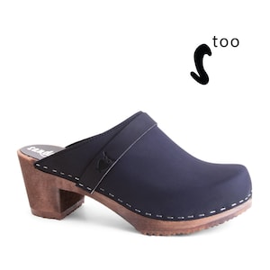 50% OFF Sandgrens Too / Swedish Wooden Clogs for Women / Sandgrens Clogs / Dublin Mules / Women High Heel Shoes / Leather Clogs / Navy