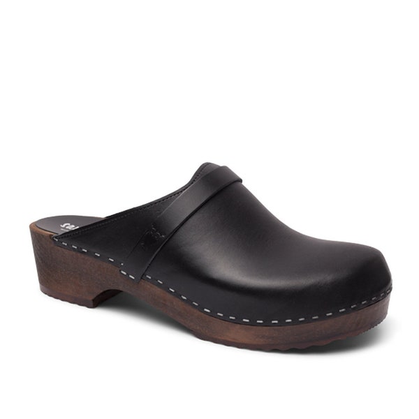 Schwedische Holz Clogs für Herren / Sandgrens Clogs / Malmö Pantoletten / Herren Holz Absatz Schuhe / Pflanzlich gegerbtes Leder Clog / Schwarz