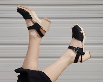 Black Clog Sandals for Women / High Heel Criss Cross Sandals / Sandgrens / Nubuck Leather / Swedish / Monroe