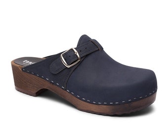 Swedish Wooden Clogs for Men / Sandgrens Clogs / Halmstad Mules / Mens Wooden Heel Shoes / Leather Clog / Navy