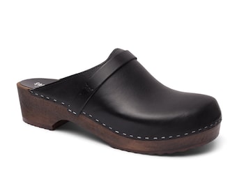 Swedish Wooden Clogs for Men / Sandgrens Clogs / Malmö Mules / Mens Wooden Heel Shoes / Vegetable Tanned Leather Clog / Black