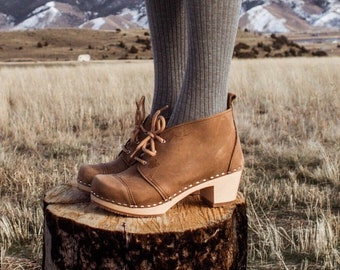 Swedish Wooden Boots for Women Sandgrens Clogs Chukka Cap Toe Women High Heel Boots Clogs Leather Boots Dexter Tan Etsy