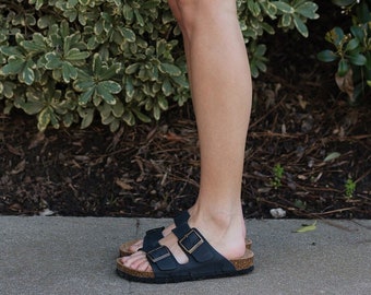 Dark Ocean Blue Cork Slide Sandals for Women / Sandgrens / Nubuck Leather / Costa