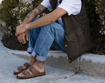 Hazel Brown Cork Slide Sandals for Men / Sandgrens / Nubuck Leather / Costa