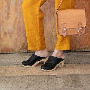 SALE / Black Clog Mules for Women / High Rise Heel Mules With Fringe / Sandgrens / Vegetable Tanned Leather / Swedish / Venice