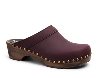 Swedish Wooden Clogs for Men / Sandgrens Clogs / Bergen Mules / Mens Wooden Heel Shoes / Leather Clog / Plum