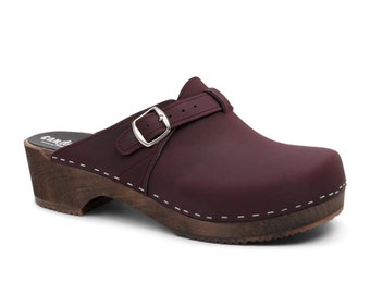 Swedish Wooden Clogs for Men / Sandgrens Clogs / Halmstad Mules / Mens Wooden Heel Shoes / Leather Clog / Plum