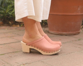 Blush Pink Clog Mules for Women / High Heel Studded Mules / Sandgrens / Nubuck Leather / Swedish / Rome