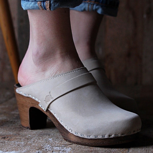 Sand White Clog Mules for Women / High Rise Heel Classic Mules / Sandgrens / Nubuck Leather / Swedish / Maya