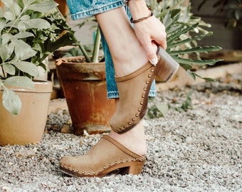 Dexter Tan Brown Clog Mules for Women / High Heel Studded Mules / Sandgrens / Nubuck Leather / Swedish / Rome