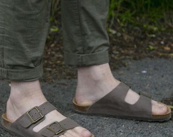 Cork Sandals, Summer Sandals, Mens Slide, Handmade, Original footbed, Sandgrens, Walnut Brown Nubuck Leather, Costa