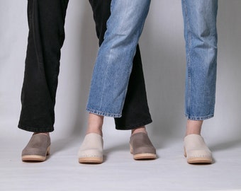 Stone Grey Clog Mules for Women / Low Heel Minimalistic Mules / Sandgrens / Nubuck Leather / Swedish / Austin Mules