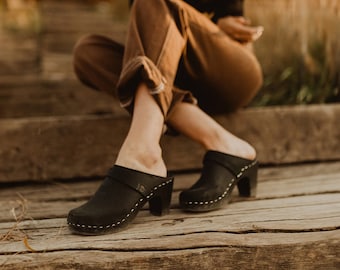 Black Clog Mules for Women / High Rise Heel Classic Mules / Sandgrens / Nubuck Leather / Swedish / Maya / Reduced Waste