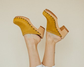 Royal Yellow Clog Mules for Women / High Heel Studded Mules / Sandgrens / Nubuck Leather / Swedish / Rome