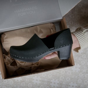Black Closed Back Clogs for Women / High Wooden Heel / Sandgrens / Nubuck Leather / Swedish / Brett / Reduced Waste