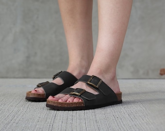 Black Ember Cork Slide Sandals for Women / Sandgrens / Nubuck Leather / Black Ember / Costa