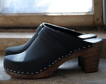 Black Clog Mules for Women / High Rise Heel Classic Mules / Sandgrens / Nubuck Leather / Swedish / Maya