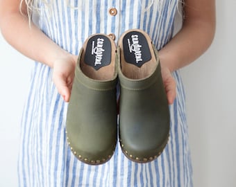 Olive Green Clog Mules for Women / Low Heel Studded Mules / Sandgrens / Nubuck Leather / Swedish / Athens Mules