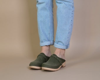 Olive Green Clog Mules for Women / Braided Strap / Sandgrens / Nubuck Leather / Brussels