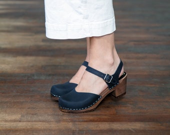Navy Blue Clog Sandals for Women / High Heel Classic Sandals / Sandgrens / Nubuck Leather / Swedish / Victoria
