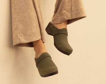 Olive Green Clog Mules for Women / Low Heel Classic Mules / Sandgrens / Nubuck Leather / Swedish / Tokyo