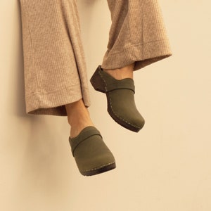 Olive Green Clog Mules for Women / Low Heel Classic Mules / Sandgrens / Nubuck Leather / Swedish / Tokyo