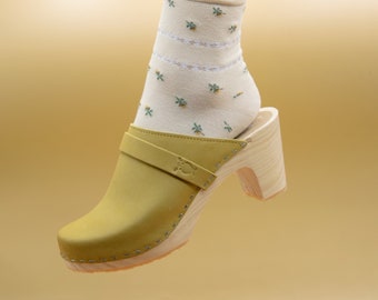 Royal Yellow Clog Mules for Women / High Rise Heel Classic Mules / Sandgrens / Nubuck Leather / Swedish / Maya