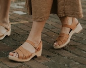 Swedish Wooden Clogs for Women Sandgrens Clogs Rio Grande Sandal Women Low Heel Shoes Leather Clog Vegetable Tanned Leather Nude