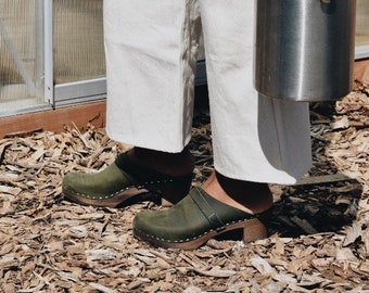 Olive Green Clog Mules for Women / Low Heel Classic Mules / Sandgrens / Nubuck Leather / Swedish / Dublin