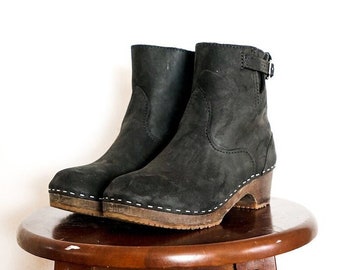 Swedish Wooden Boots for Women / Sandgrens Clogs / Manhattan Low Heel / Women Boots Clogs / Leather Boots / Black