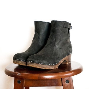 Swedish Wooden Boots for Women / Sandgrens Clogs / Manhattan Low Heel / Women Boots Clogs / Leather Boots / Black