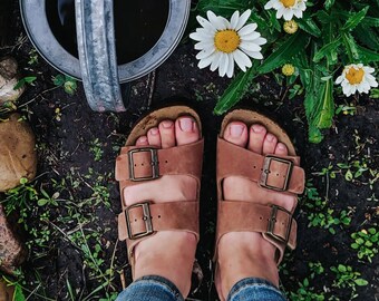 Hazel Brown Cork Slide Sandals for Women / Sandgrens / Nubuck Leather / Costa