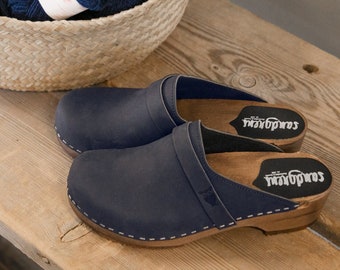 Clog Mules, Women Clogs, Wooden Clogs, Low Heel, Handmade, Sandgrens, Navy Blue Nubuck Leather, Tokyo