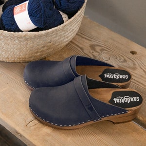 Clog Mules, Women Clogs, Wooden Clogs, Low Heel, Handmade, Sandgrens, Navy Blue Nubuck Leather, Tokyo